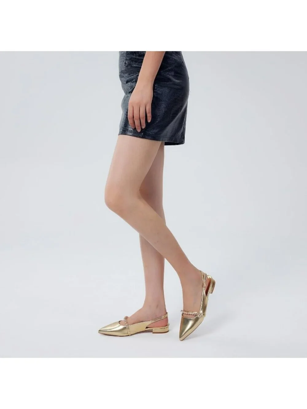 Women's Gold Soft Slingback Flats With Rhinestone Pointed Toe Backstrap Shoes